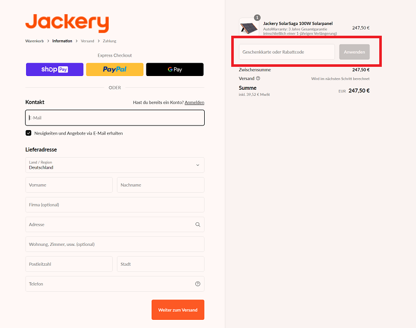 Jackery Gutschein eingeben