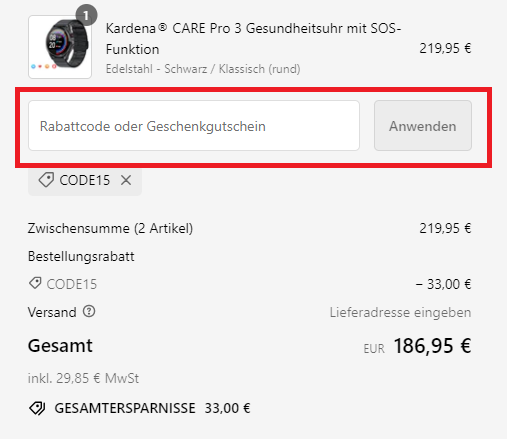 Kardena Rabattcode anwenden